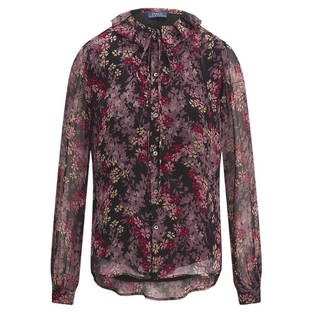 Polo Ralph Lauren Floral Ruffle Tie Neck Blouse Purple Pink Sheer Viscose‎ Large